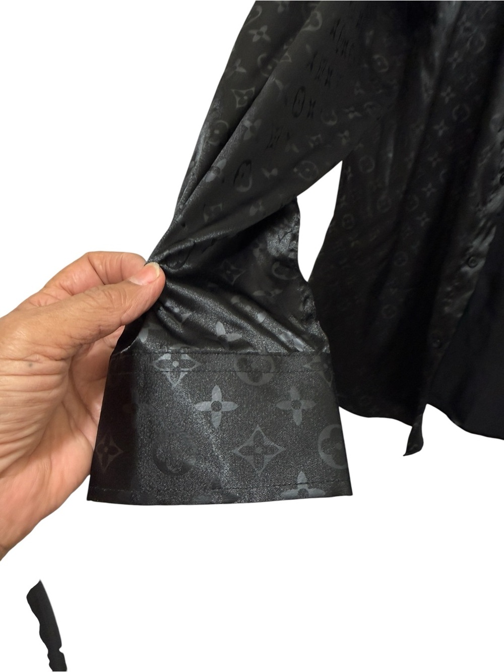 Men's Black Satin Button-Up Shirt. Copy of Louis Vuitton logo brand new. - Picture 5 of 11